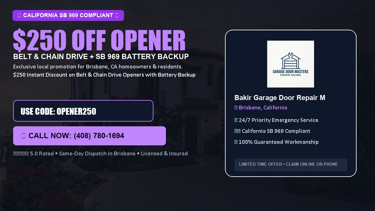 $250 OFF Smart Garage Door Opener Installation (Belt & Chain Drive with California SB 969 Battery Backup) in Brisbane, CA